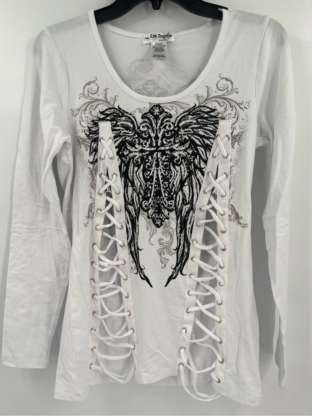 Y2K Vintage from Los Angeles Bus Stop Biker Top White Embellished Wings